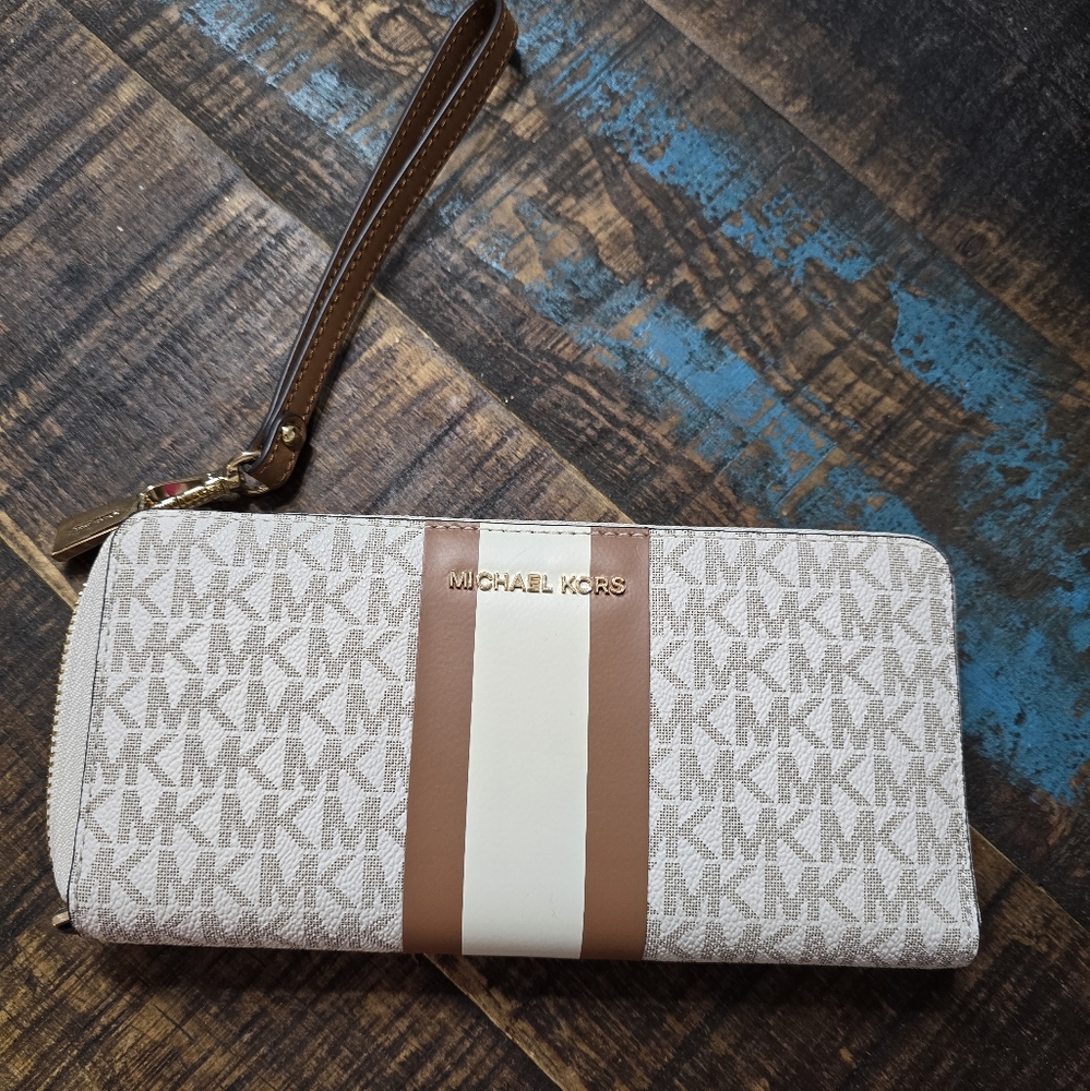 Michael Kors Monogram Beige and Brown Wristlet